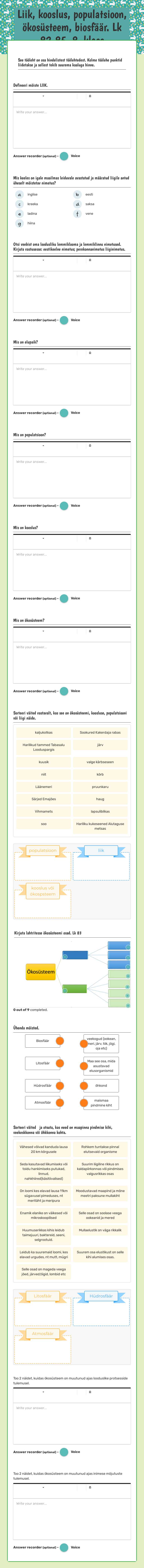 Liik, kooslus, populatsioon, ökosüsteem, biosfäär.          Lk 82-85. 8. klass worksheet preview image