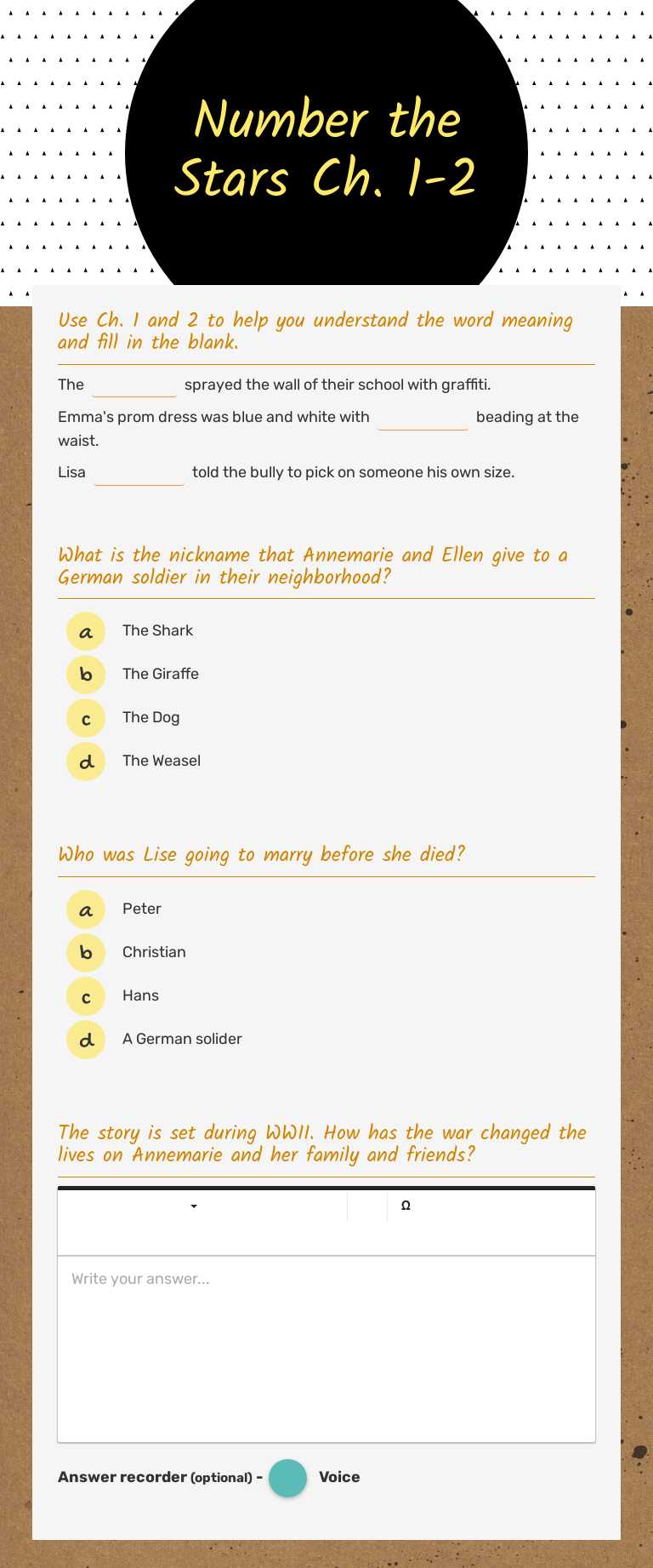 Number the Stars Ch. 1-2 worksheet preview image