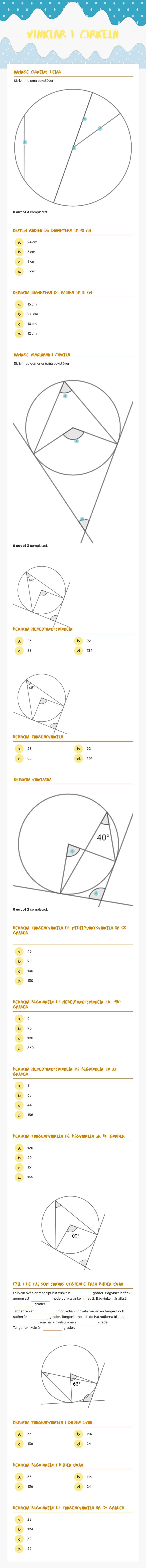 Vinklar i cirkeln Grade 7 worksheet preview