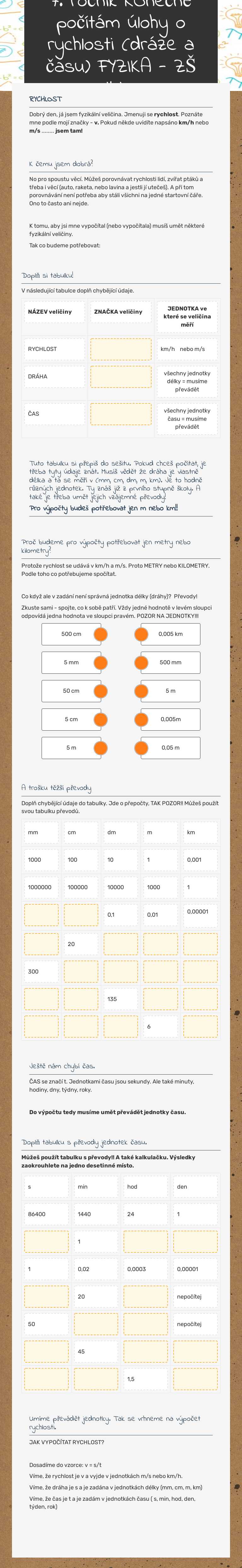 7. ročník KOnečně počítám úlohy o rychlosti (dráze a času) FYZIKA - ZŠ Libina worksheet preview image