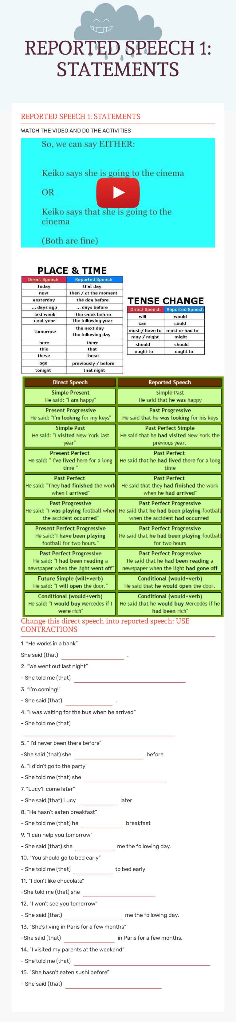 REPORTED SPEECH 1: STATEMENTS Grade 9 worksheet preview