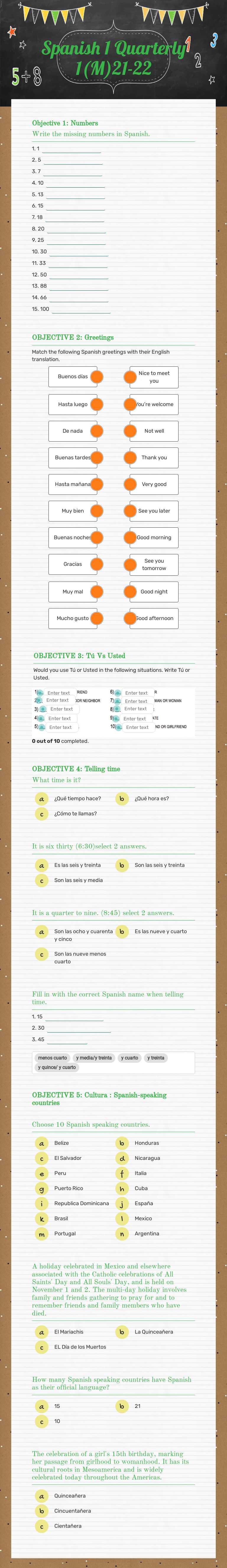 Spanish 1 Quarterly 1(22-23) worksheet preview image