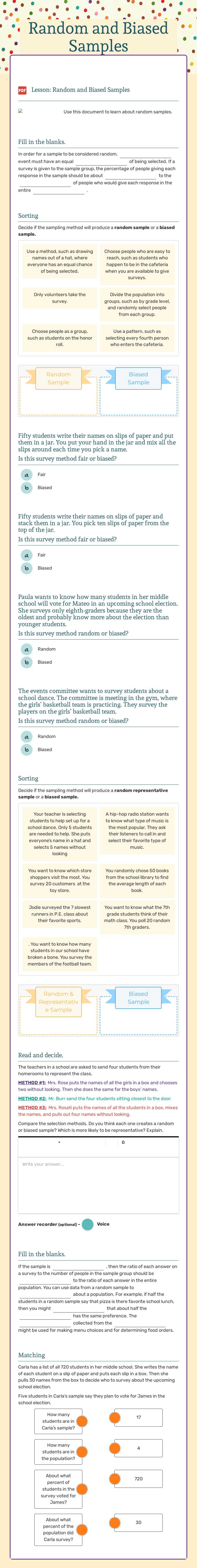 Random and Biased Samples Grade 7 worksheet preview