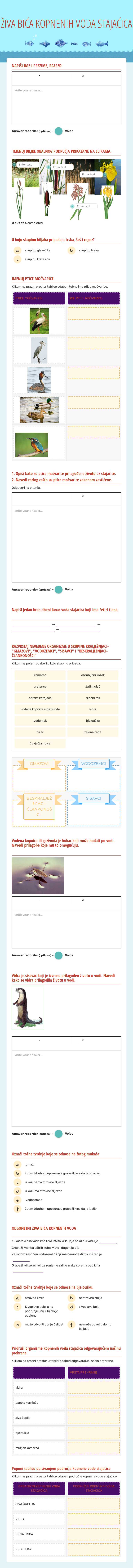 ŽIVA BIĆA KOPNENIH VODA STAJAĆICA worksheet preview image
