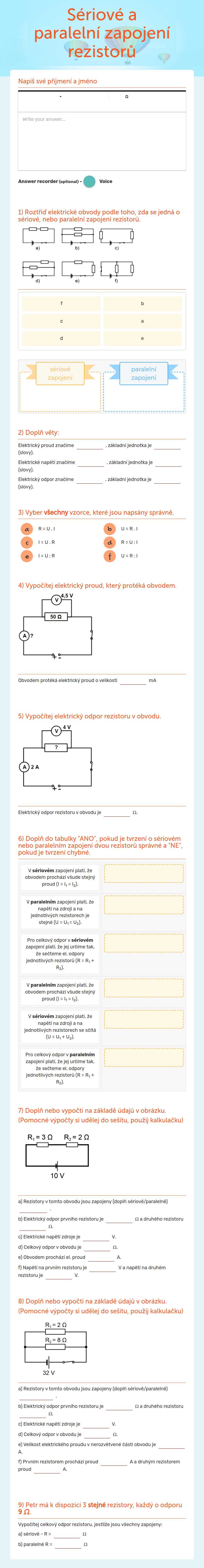 Sériové a paralelní zapojení rezistorů worksheet preview image