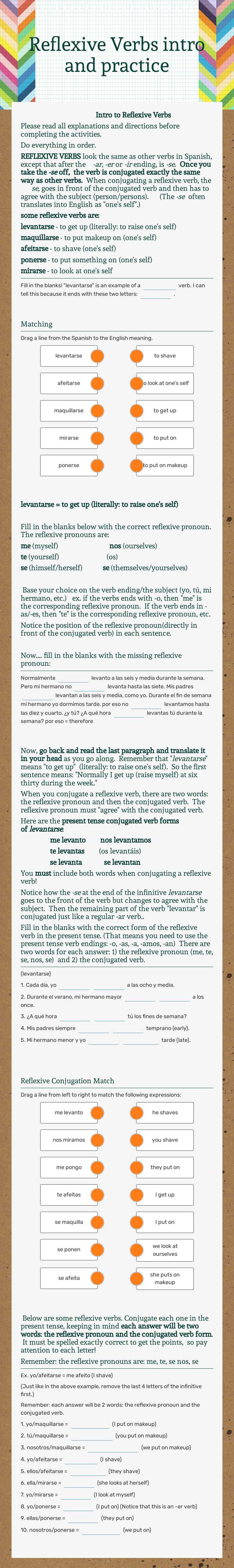 Reflexive Verbs intro and practice worksheet preview image