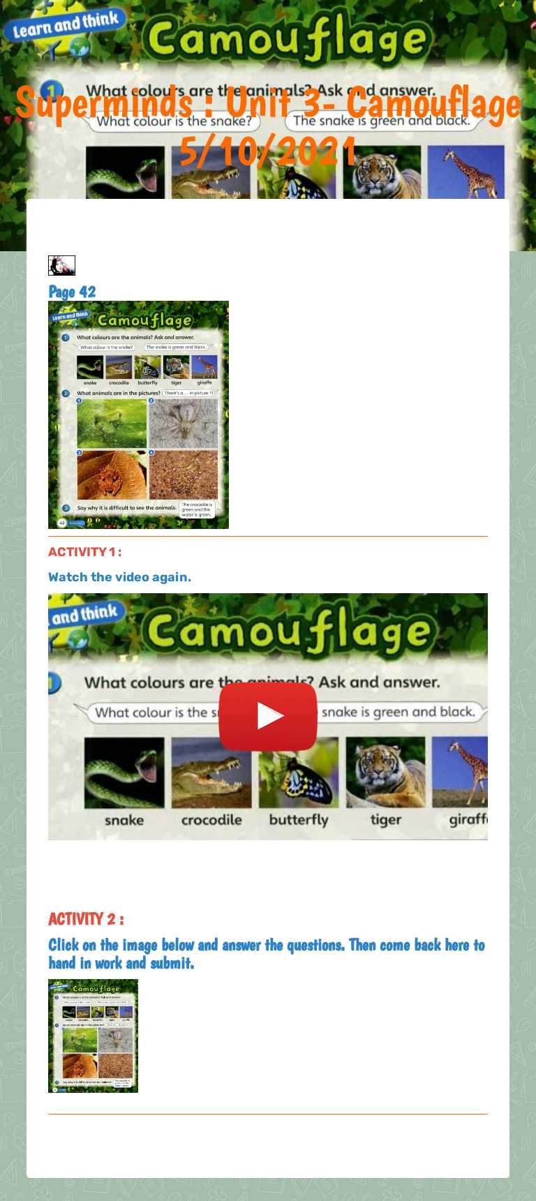 Superminds : Unit 3- Camouflage 5/10/2021 worksheet preview image