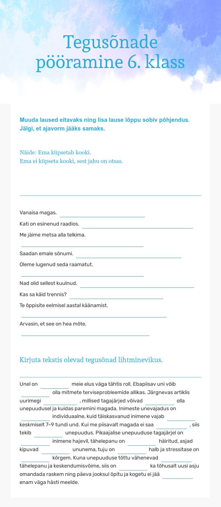 Tegusõnade pööramine 6. klass worksheet preview image