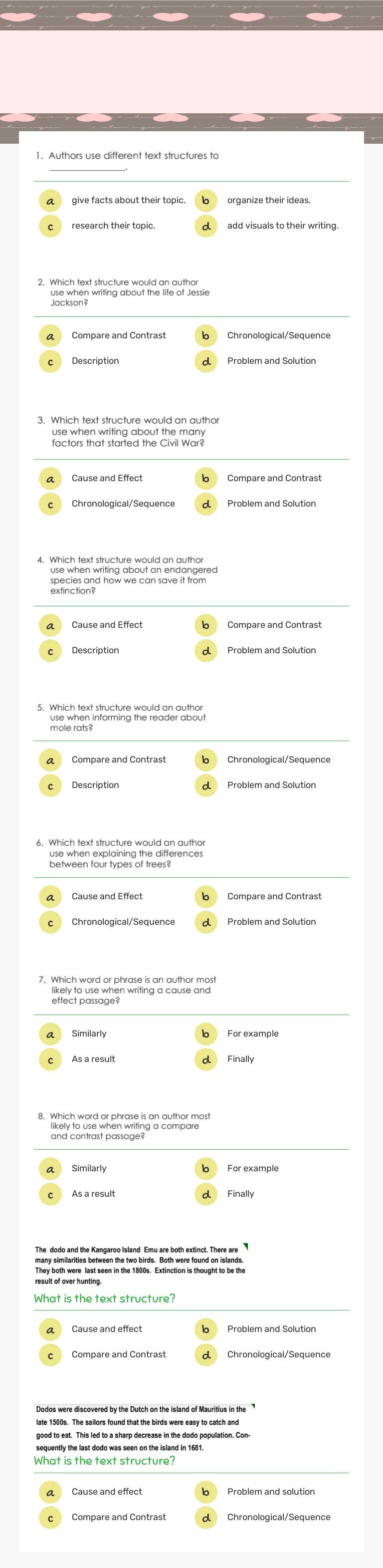Text Structure Quiz Retake Grade 5 worksheet preview