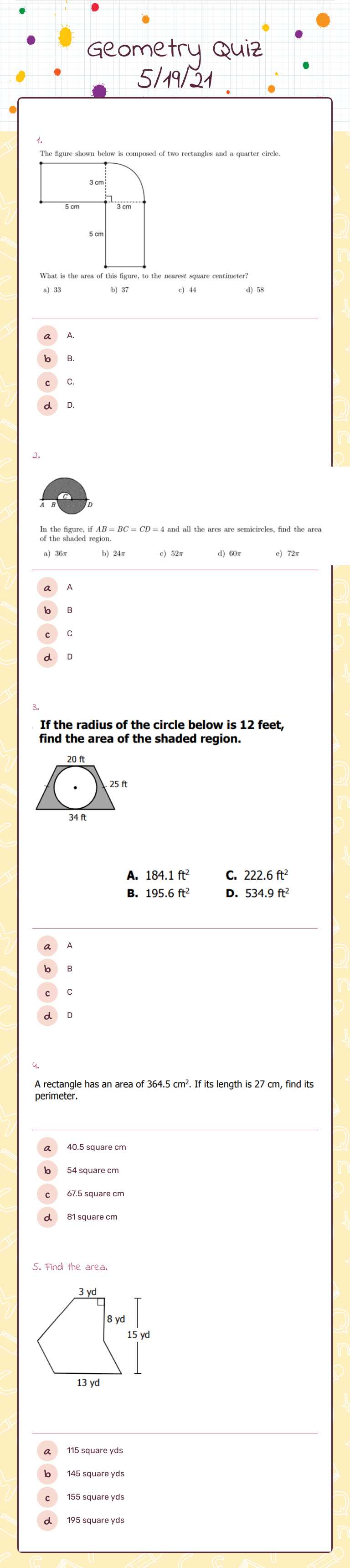 Geometry Quiz 5/19/21 worksheet preview image