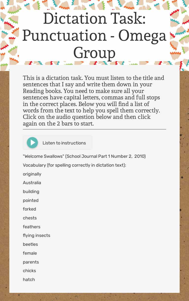 Dictation Task: Punctuation - Omega Group worksheet preview image