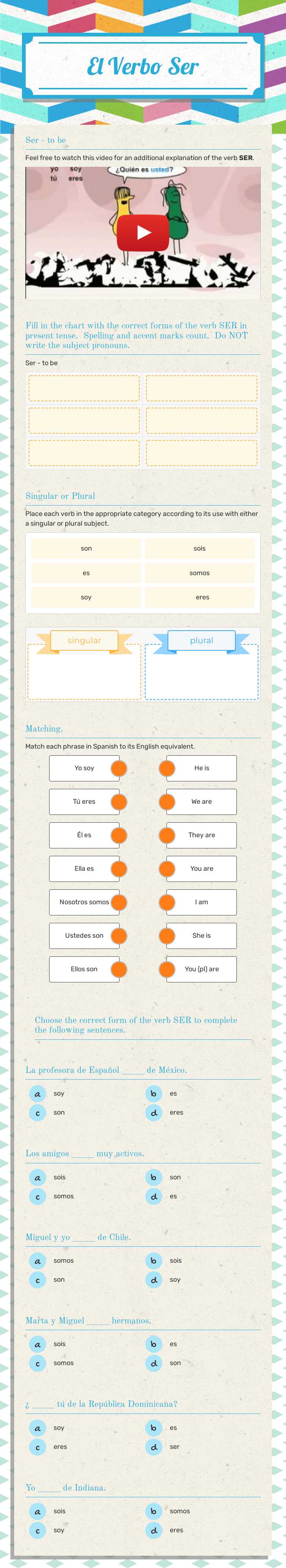 El Verbo Ser worksheet preview image