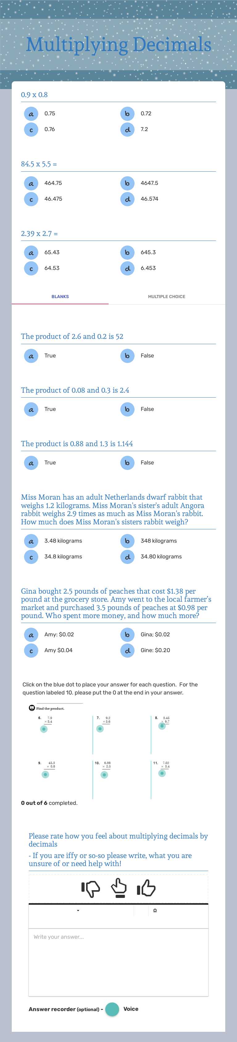 Multiplying Decimals worksheet preview image