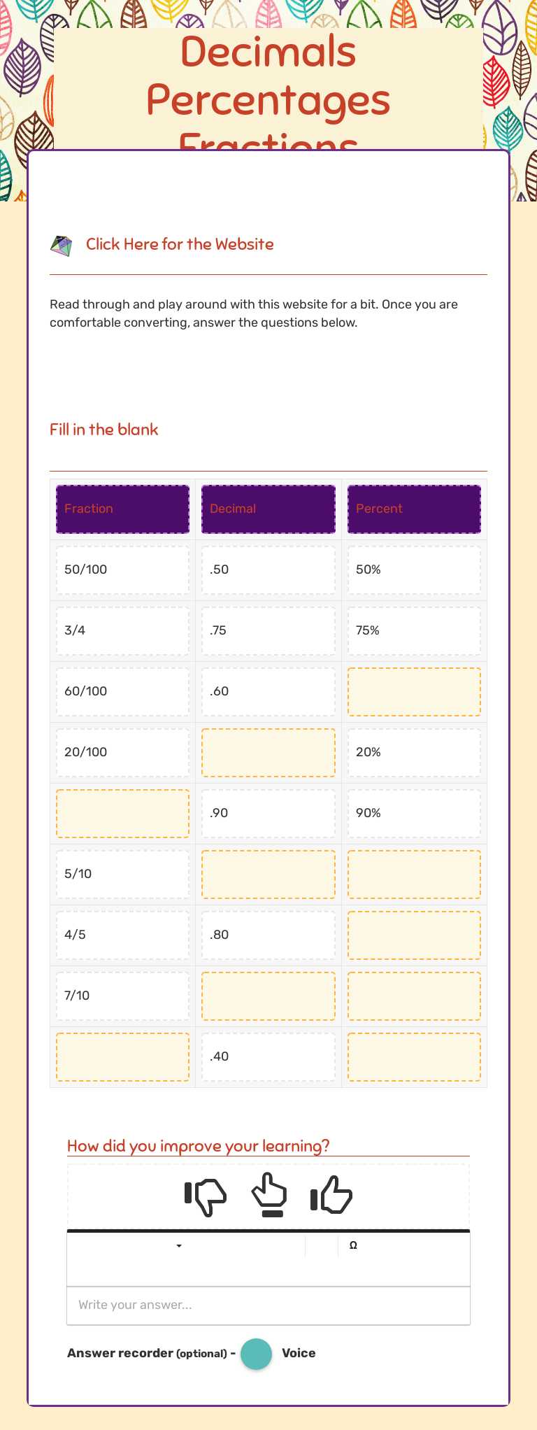 Decimals        
    Percentages       
 Fractions worksheet preview image