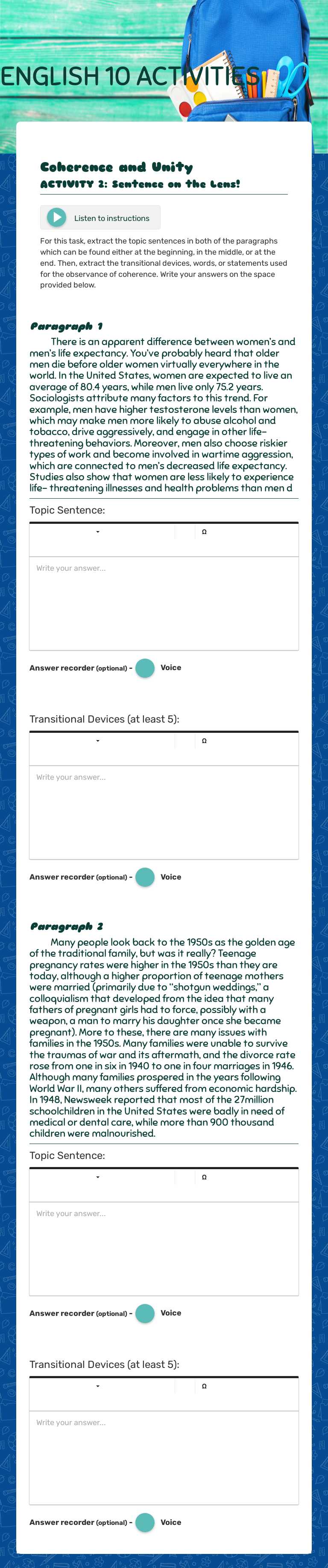 ENGLISH 10                                           ACTIVITIES worksheet preview image