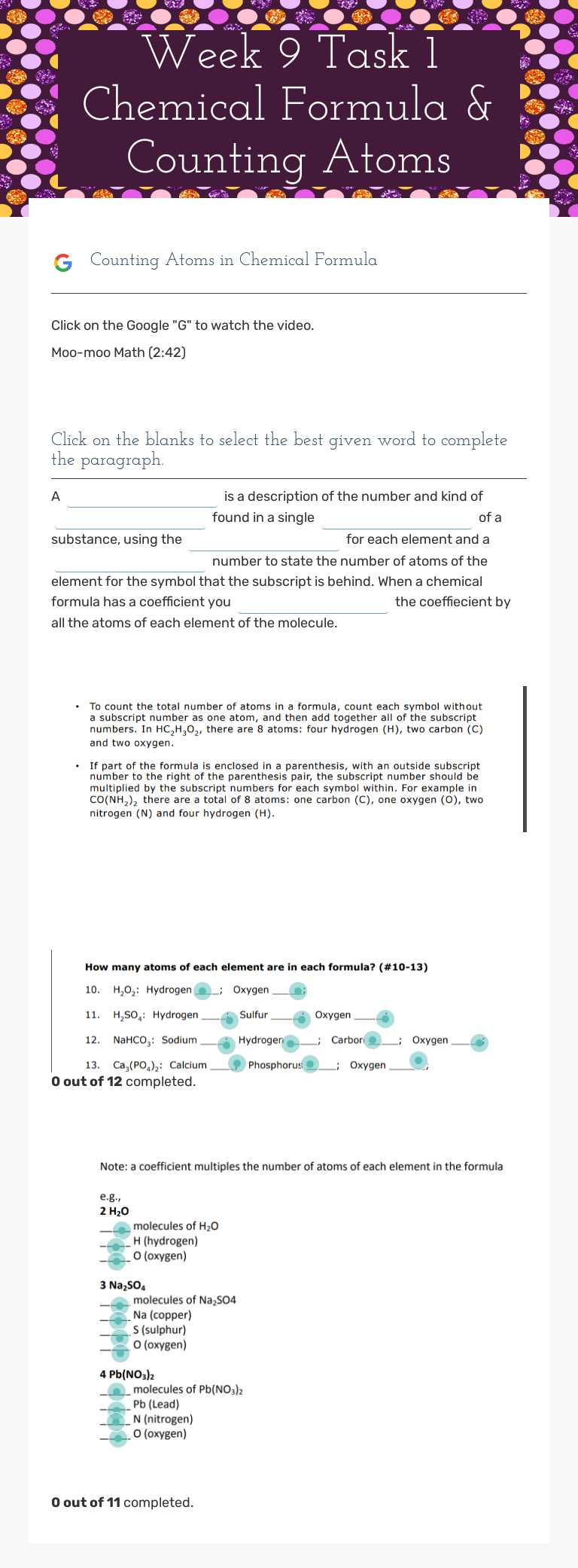 Week 9 Task 1 Chemical Formula & Counting Atoms worksheet preview image