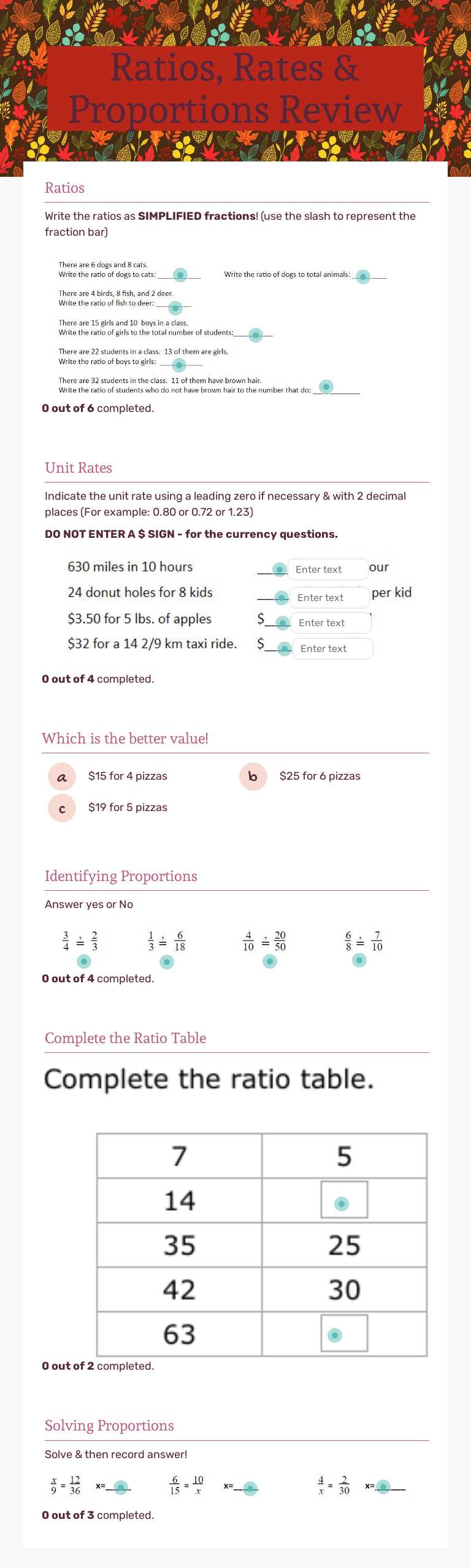 Ratios, Rates & Proportions Review Grade 6 worksheet preview