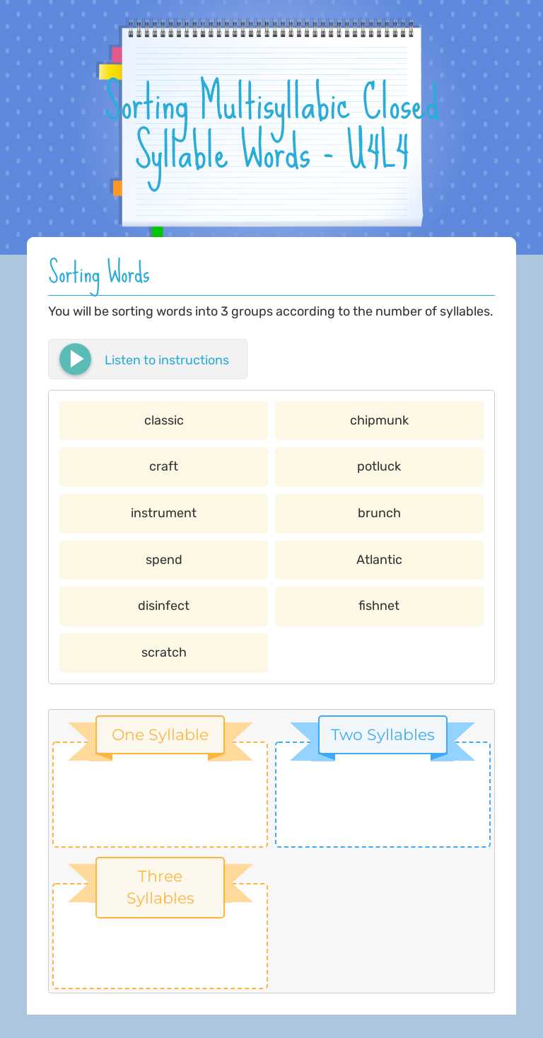 Sorting Multisyllabic Closed Syllable Words - U4L4 Grade 5 worksheet preview