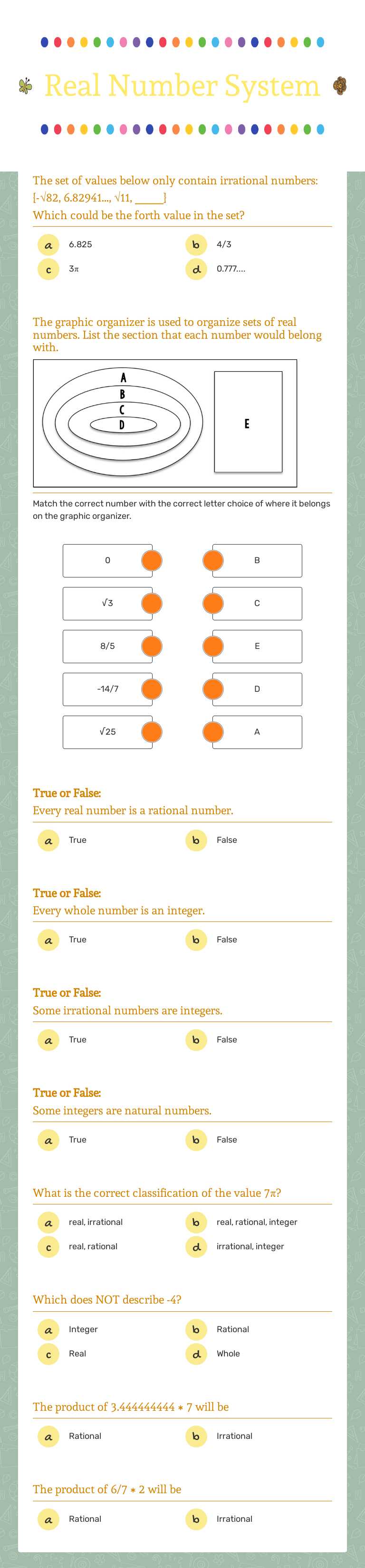 Real Number System Grade 8 worksheet preview