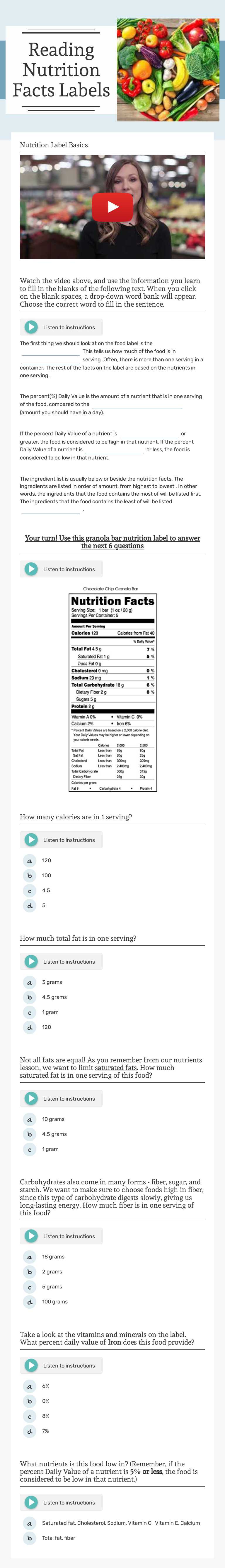 Reading  Nutrition Facts Labels worksheet preview image