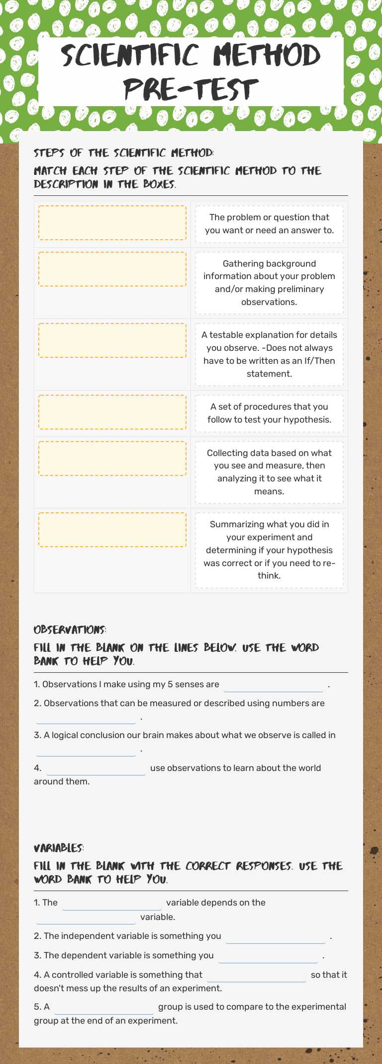 Scientific Method Pre-test worksheet preview image