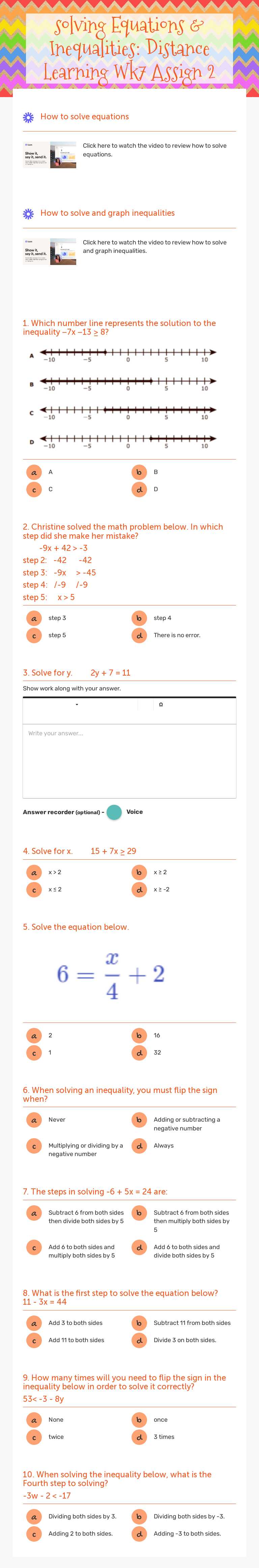 solving Equations & Inequalities: Distance Learning Wk7 Assign 2 Grade 7 worksheet preview