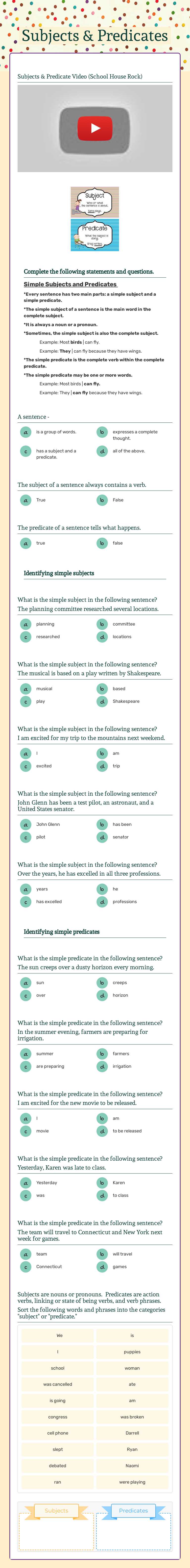 Subjects & Predicates worksheet preview image