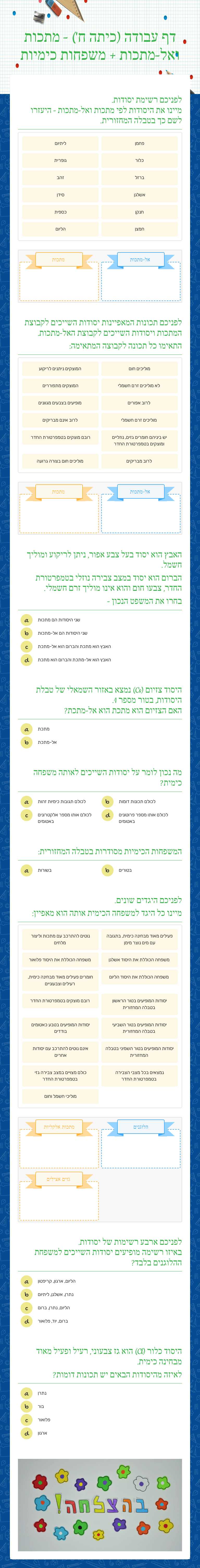 דף עבודה  (כיתה ח') -
מתכות ואל-מתכות + משפחות כימיות worksheet preview image