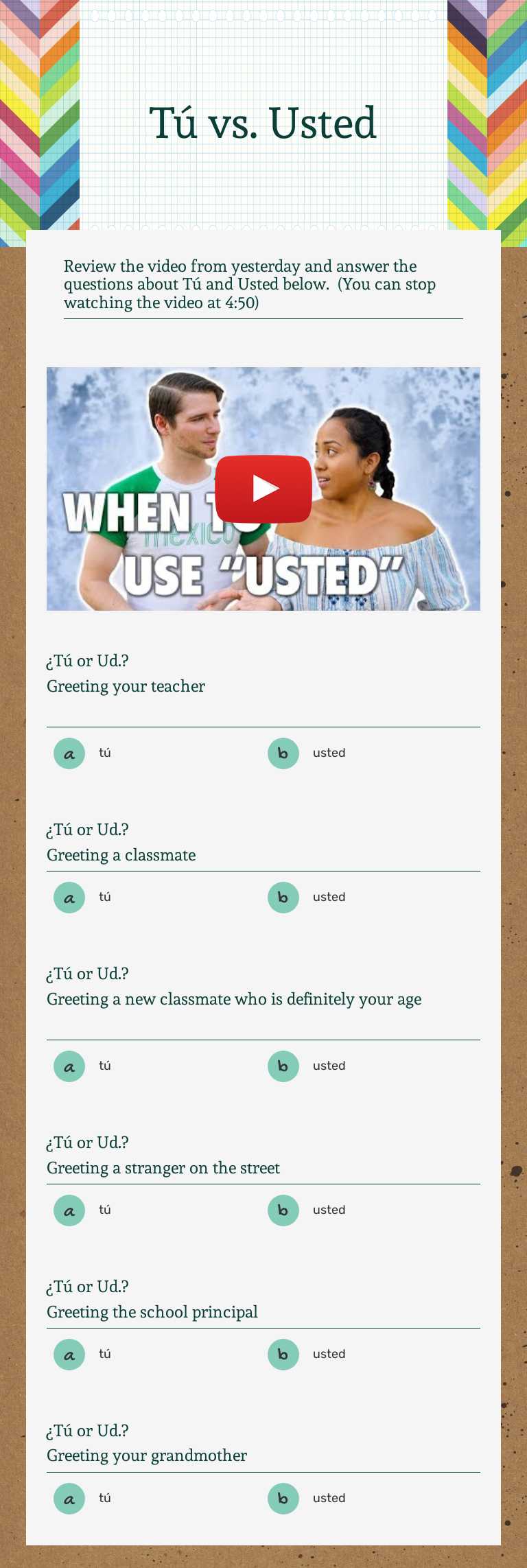 Tú vs. Usted worksheet preview image