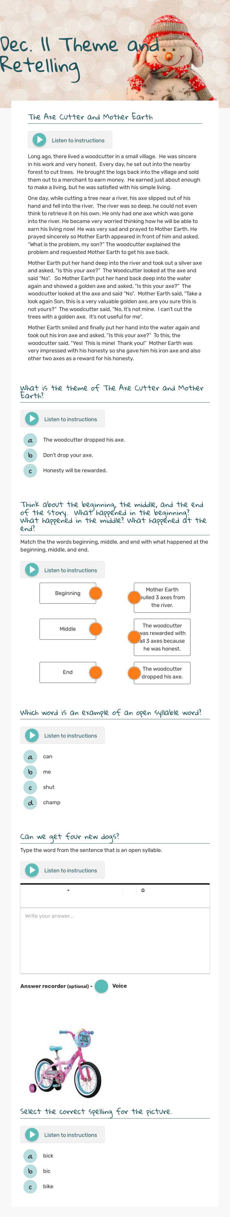 Dec. 11  Theme and Retelling Grade 1 worksheet preview