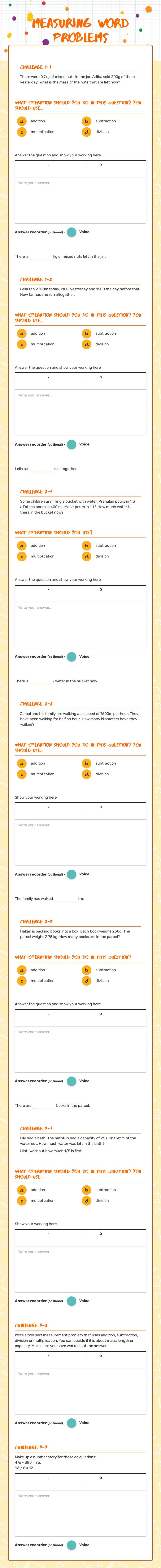 Measuring word problems Grade 4 worksheet preview