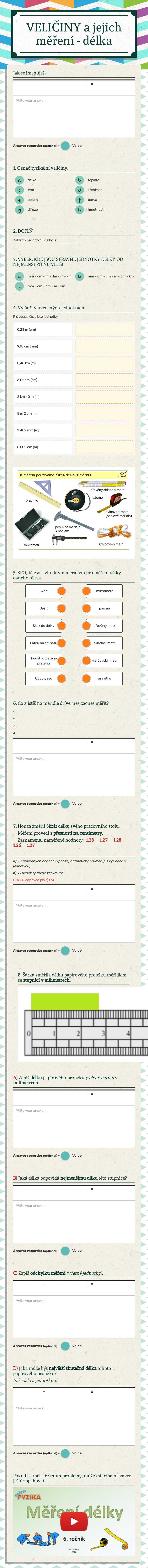 VELIČINY a jejich měření - délka worksheet preview image