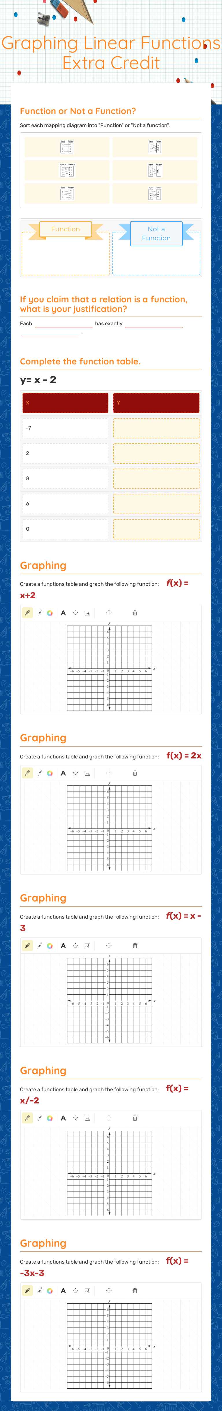 Graphing Linear Functions Extra Credit worksheet preview image