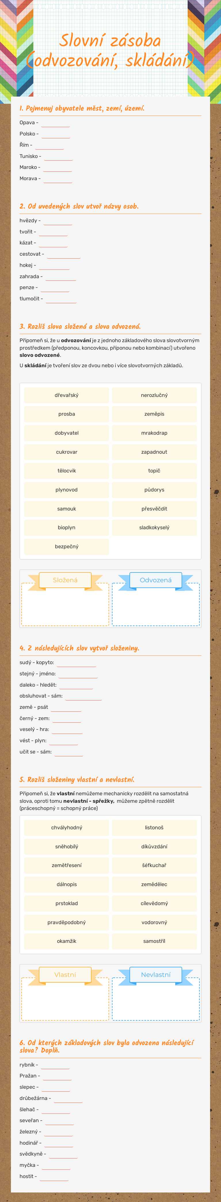Slovní zásoba      (odvozování, skládání) worksheet preview image