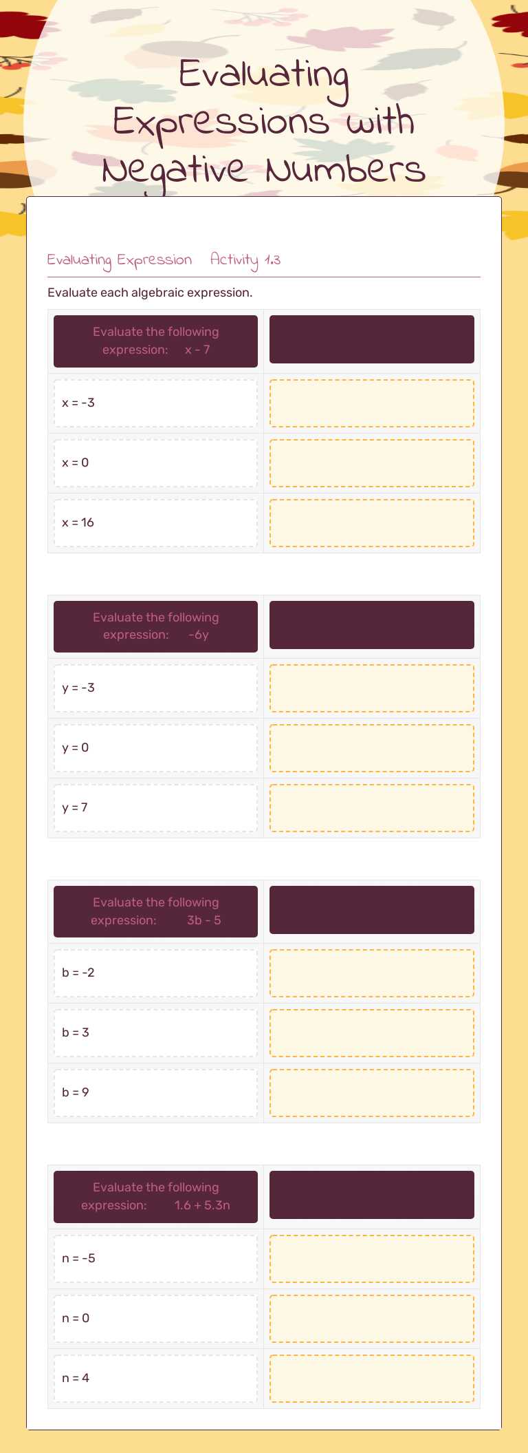 Evaluating Expressions with Negative Numbers worksheet preview image