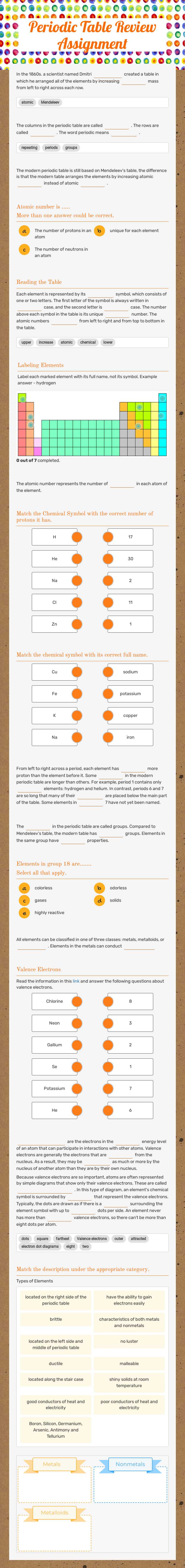 Periodic Table Review Assignment Grade 8 worksheet preview