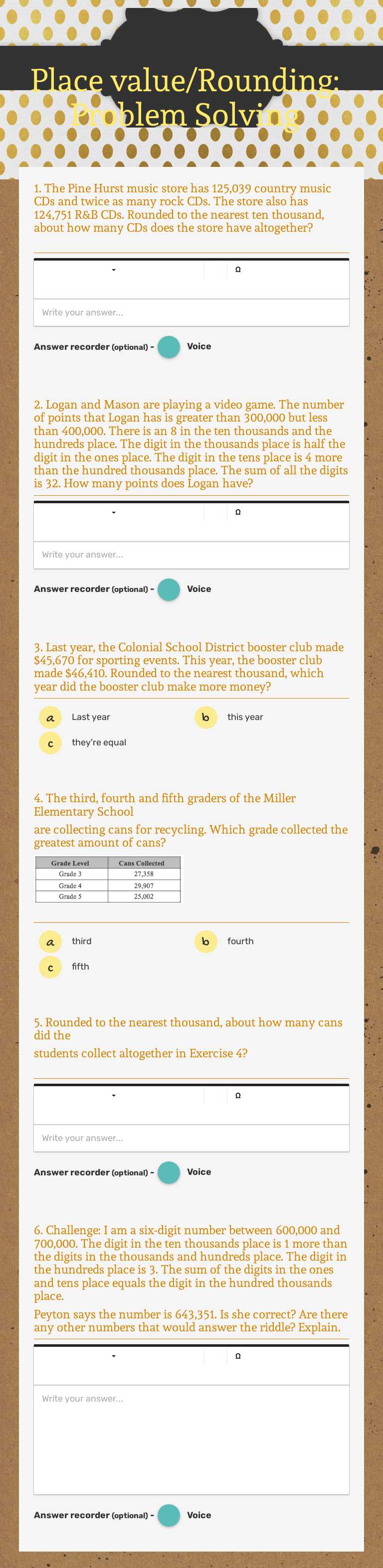Place value/Rounding: Problem Solving Grade 4 worksheet preview