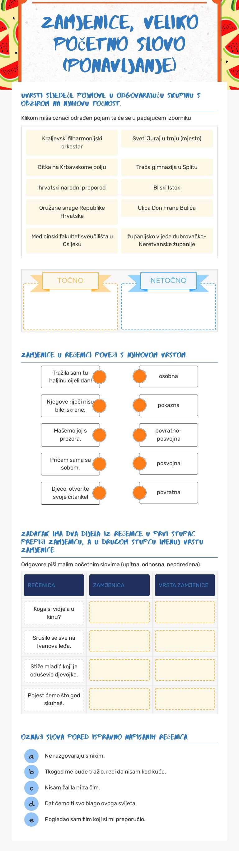 Zamjenice, veliko početno slovo (ponavljanje) worksheet preview image