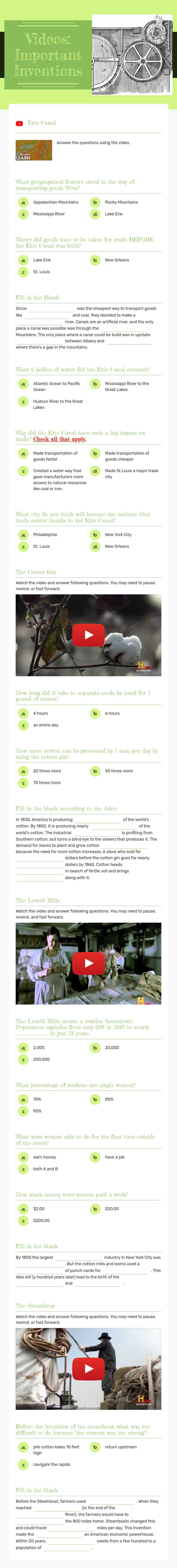 Videos: Important Inventions worksheet preview image