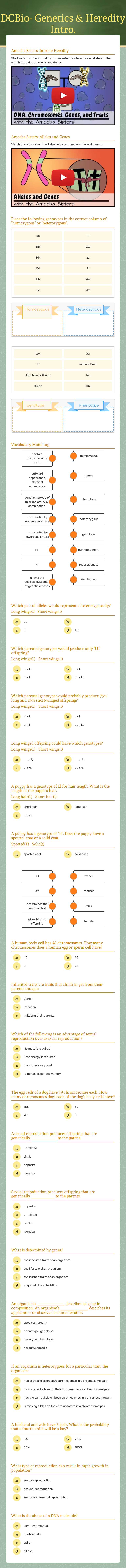DCBio- Genetics & Heredity Intro. worksheet preview image