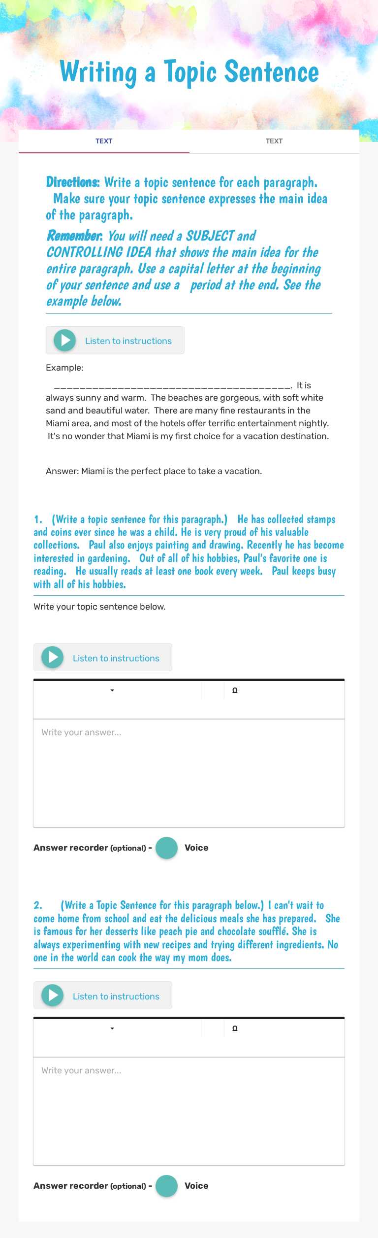 Writing a Topic Sentence worksheet preview image