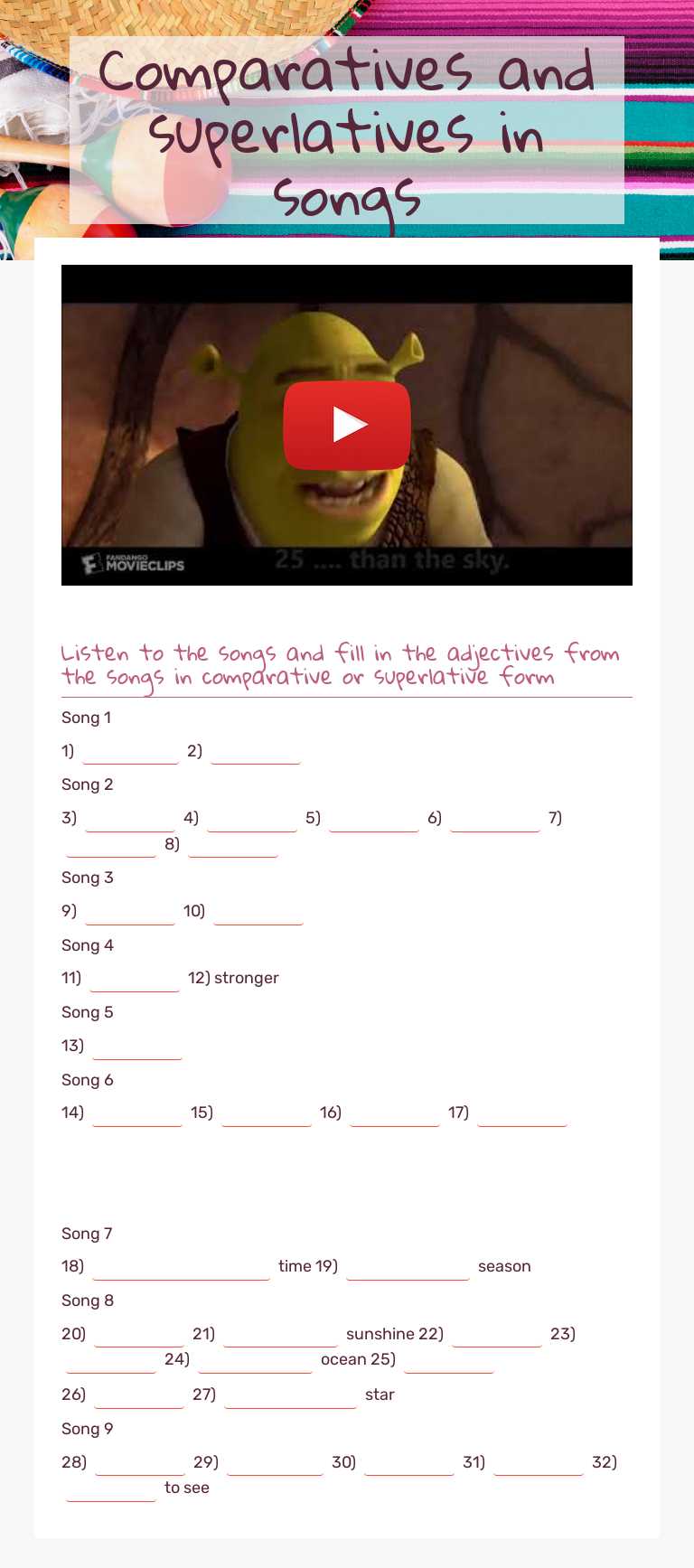 Comparatives and superlatives in songs worksheet preview image