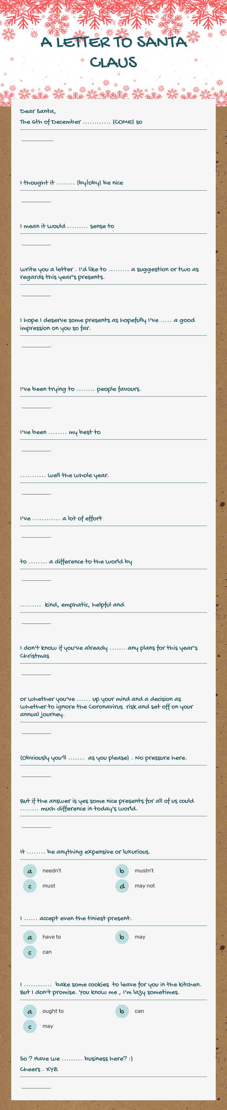 A LETTER TO SANTA CLAUS Grade 10 worksheet preview