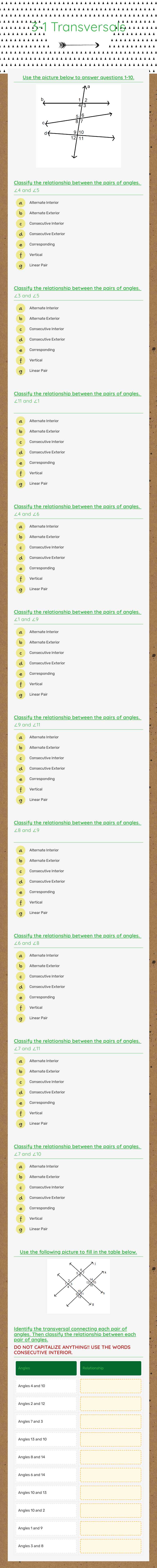 3-1 Transversals Grade 10 worksheet preview