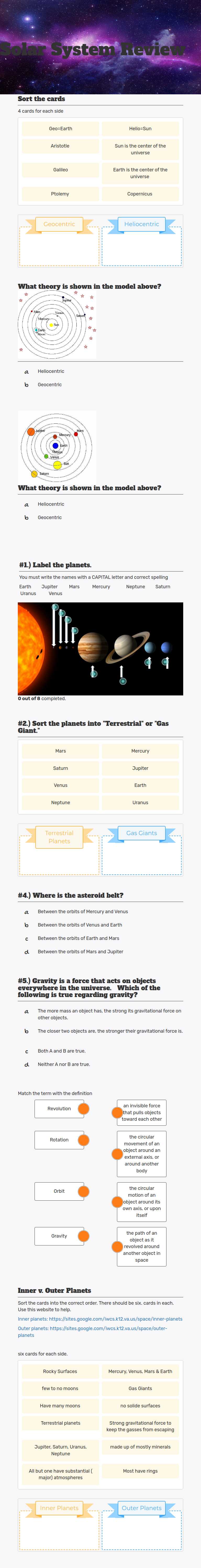 Solar System Review worksheet preview image