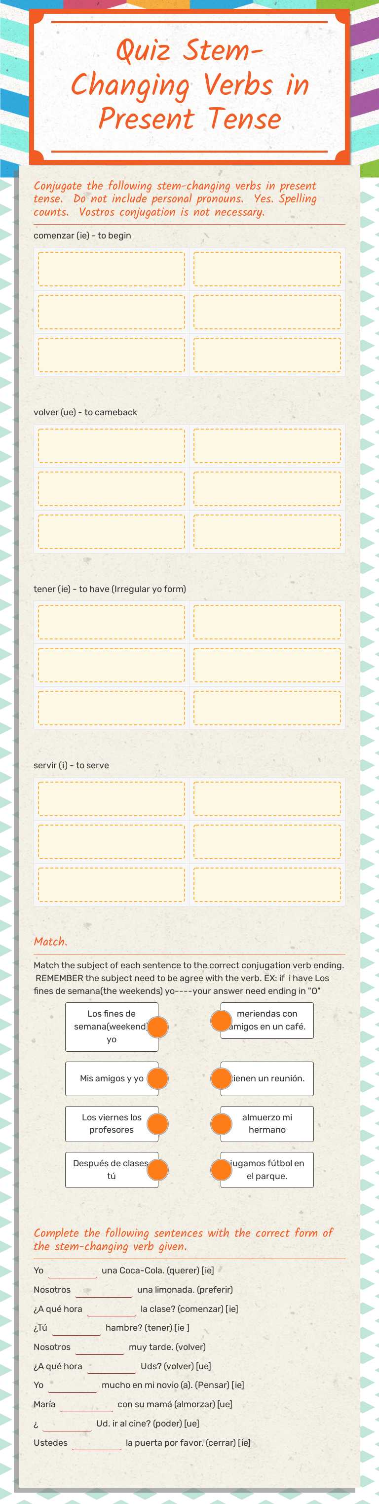 Quiz Stem-Changing Verbs in Present Tense worksheet preview image