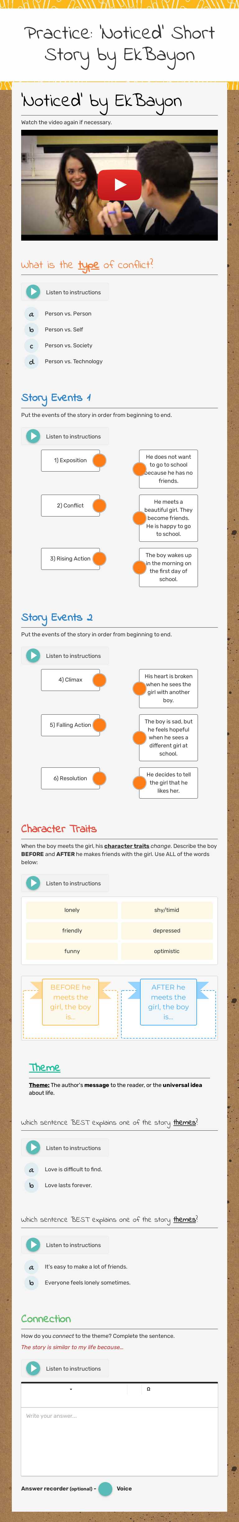 Practice: 'Noticed' Short Story by EkBayon worksheet preview image
