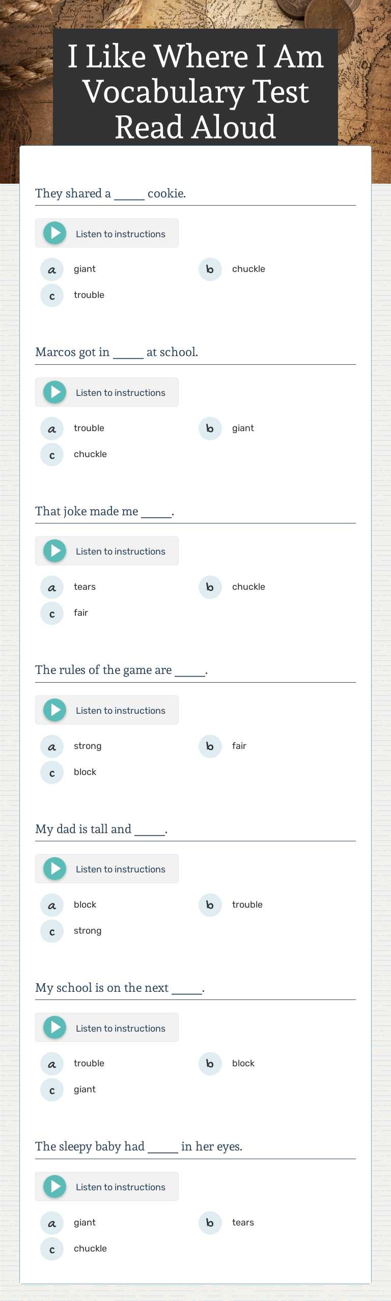 I Like Where I Am Vocabulary Test Read Aloud worksheet preview image