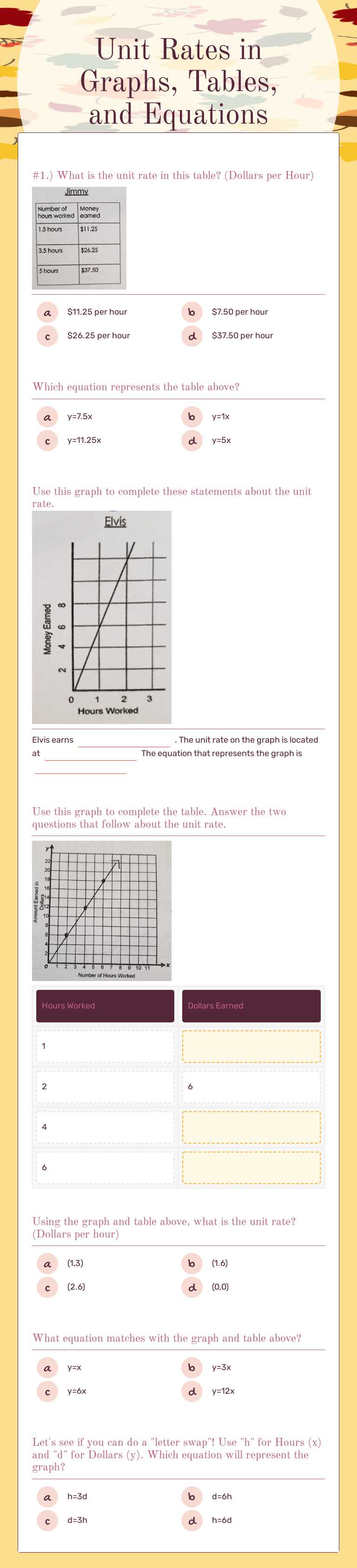 Unit Rates in Graphs, Tables, and Equations worksheet preview image