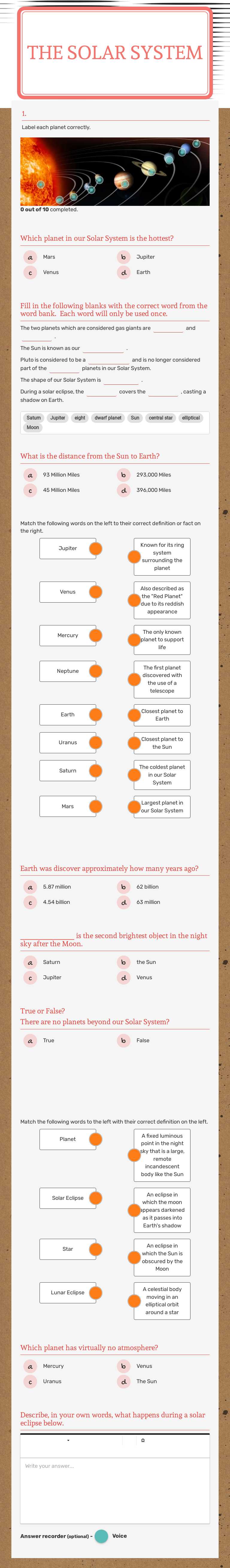 The Solar system worksheet preview image